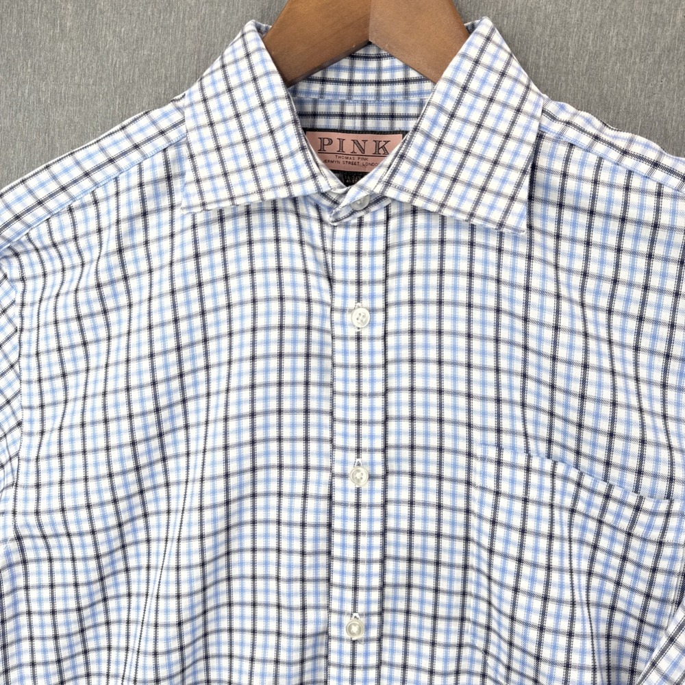Thomas Pink Blue Windowpane Shirt Traveller size 16 41 Button Up Cotton Business